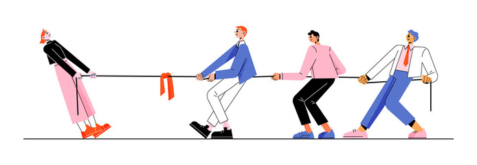 Gender rivalry, men team tug of war with single woman. Male and female business characters wrestling. Office fight for leadership, sexism, misandry, feminism and patriarchy Linear flat vector concept