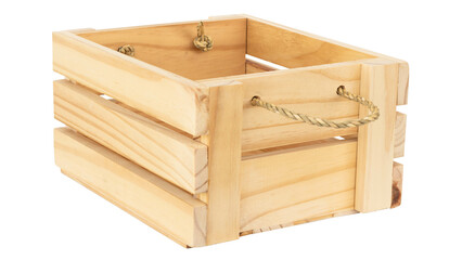 Empty wooden crate box isolated on white background.