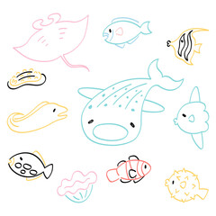 Varieties of marine life -  hand drawn 