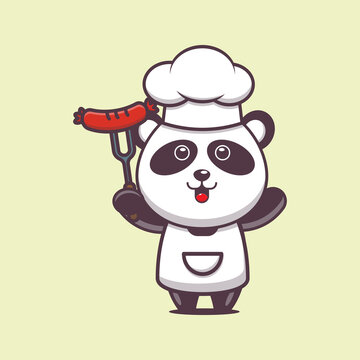 cute panda chef mascot cartoon character with sausage