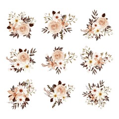 Set of Rustic Brown And White Watercolor Floral Bouquet