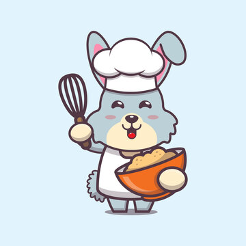 cute rabbit chef mascot cartoon character with cake dough