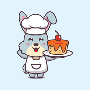 cute rabbit chef mascot cartoon character with cake