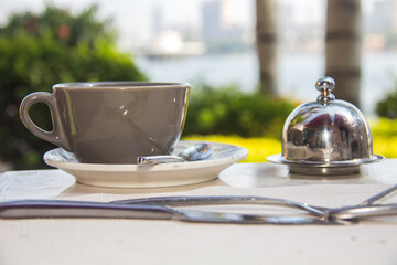 Cup of Coffee Nile view, shot is selective focus with shallow depth of field. Photos taken at Cairo Egypt