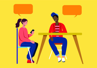 People sitting at table decorated, eating food, drinking wine and talking to each other. Flat cartoon characters. Teamwork, support, startup, data analysis, brainstorming, meeting. Flat design vector 