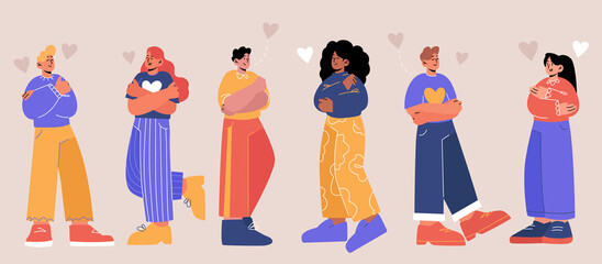 Concept of self love and care with happy people hug themselves. Vector flat illustration of diverse positive men and women with esteem and love to their body and mind - obrazy, fototapety, plakaty