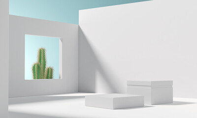 Summer tropical background, White Podium with cactus, Mock up for the exhibitions, Presentation of products, 3d render.