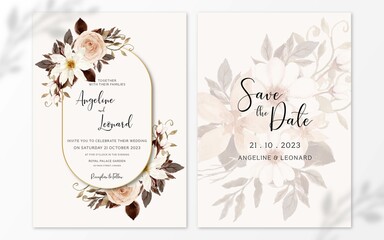 Set of Rustic White And Brown Watercolor Floral Wedding Invitation