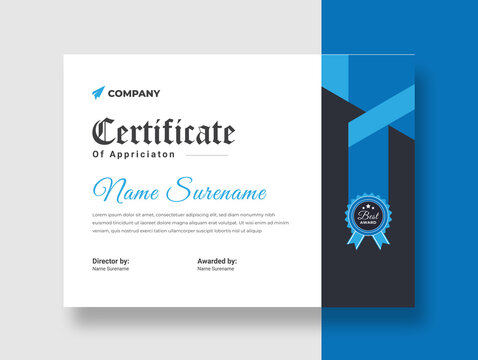 Blue certificate of appreciation template, Clean modern certificate with badge, Certificate vector template.