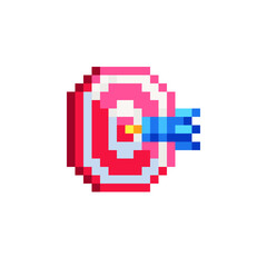 Target and arrow. Direct hit. Advertise icon. Pixel art style. Goal setting. Achievement and success. 8-bit sprite. Isolated abstract vector illustration. Design for app, logo and sticker.