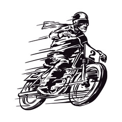 Racer with motorcycle objects in retro hand drawing style