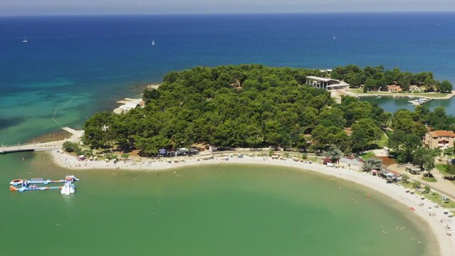 Aerial photo of  the beach in Umag town, Istra, Croatia