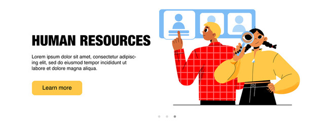 Human resources banner. Concept of HR management, recruitment employee for company team. Vector landing page with flat illustration of people search and recruit professional staff