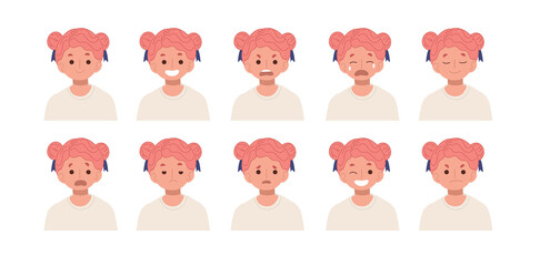Obraz premium girl avatar different emotions. flat vector cartoon character illustration.