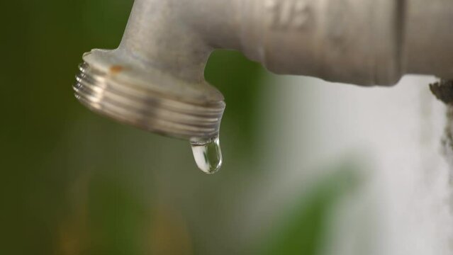 A garden faucet drips water.