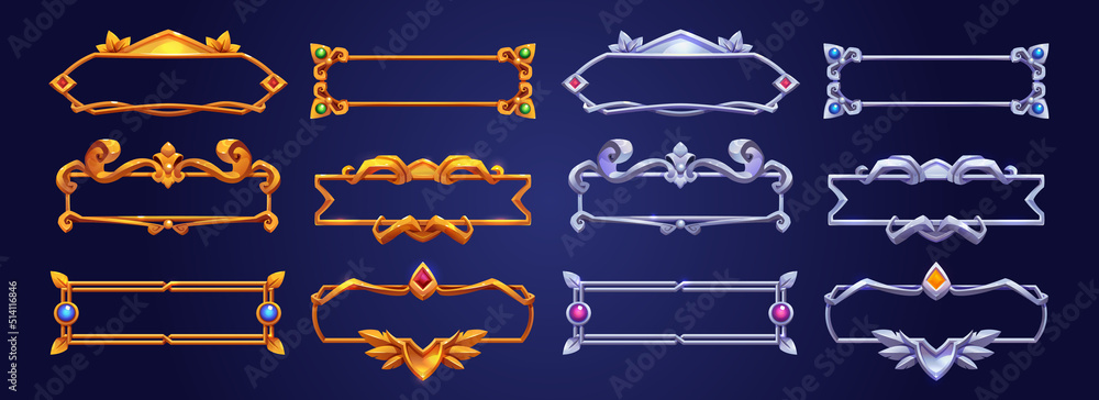 Poster empty gold and silver frames in medieval style for rpg game ui design. vector cartoon set of ancient