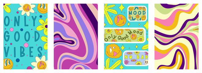 Rave trippy poster set with patches, smile, sticker. Modern retro abstract design. Abstract trippy psychedelic smile pattern. 60s, hippie. Rave psychedelic acid sticker poster. Vector illustration.