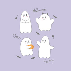 Conjunto de 6 fantasmas tiernos con sus disfraces para salir a pedir dulces en la noche de halloween. Clip art de vectores para niños.