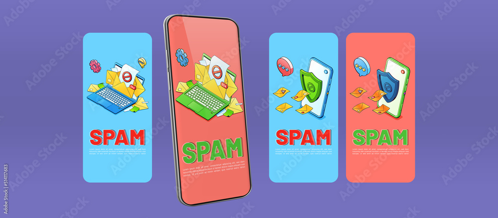 Poster spam presentation slides for mobile phone. concept of email security, protection from phishing and j
