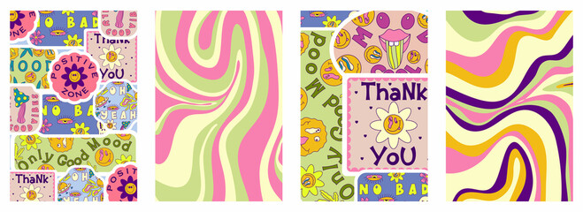 Rave trippy poster set with patches, smile, sticker. Modern retro abstract design. Abstract trippy psychedelic smile pattern. 70s, hippie. Rave psychedelic acid sticker poster. Vector illustration.