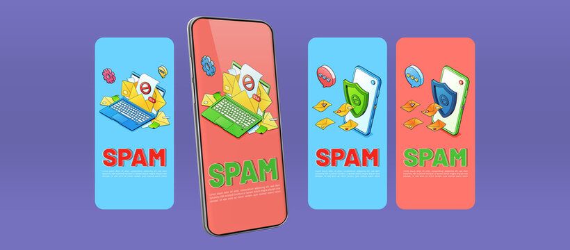 Spam presentation slides for mobile phone. Concept of email security, protection from phishing and junk messages. Vector horizontal banners with isometric laptop and smartphone with shield
