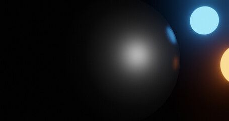 Render with blue and yellow glowing sphere with reflection on black sphere