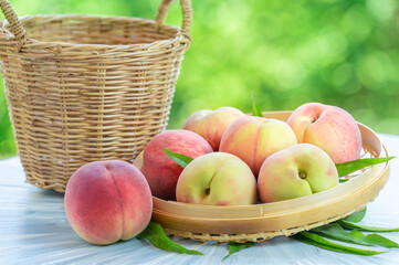 Pink and yellow Peach fruit with leaf on blur garden background, Fresh Sweet Peach on wooden basket over natural farm background.