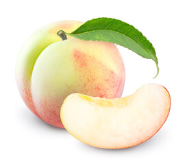 Pink Peach fruit with leaf isolated on white background, Fresh White Peach on White Background With clipping path,