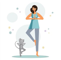 The girl is doing yoga next to her gray cat. Funny characters in a tree pose go in for sports. Friends spend time together. Young woman and cat. Vector, flat style with place for text.
