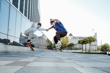 Portrait of two extreme sports guys on skateboards showing stunts in city street.