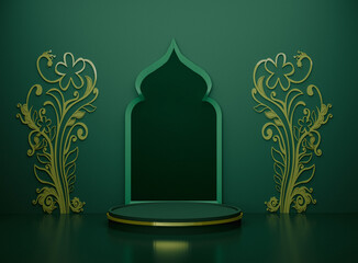 Green islamic soft color background decoration mosque arc on product display podium golden label on circle floral design two side 3d rendering image