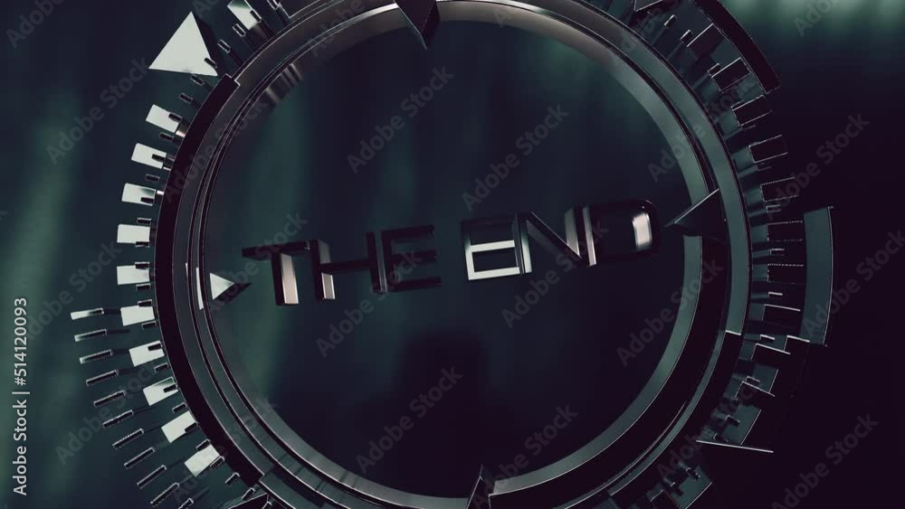Poster the end abstract technology cinematic outtro title. 4k 3d render seamless loop the end chrome text w