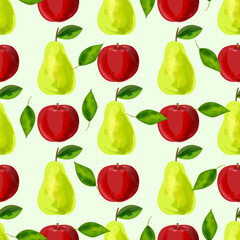 Seamless pattern with iIllustration a green pear and a red apple on a light background