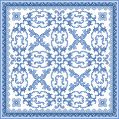 Baroque scrolls indigo damask pattern, blue oriental arch border frieze on a white background. Scarf, bandana print, square pocket range, carpet