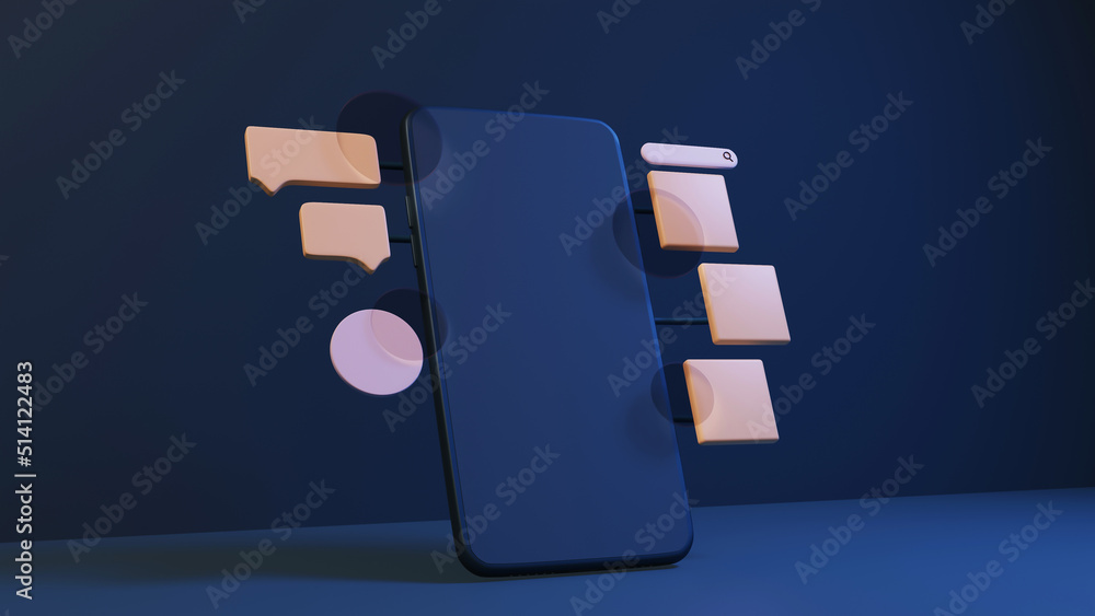 Poster 3d rendering smartphone with chat box, thumbnail, url on blue background.