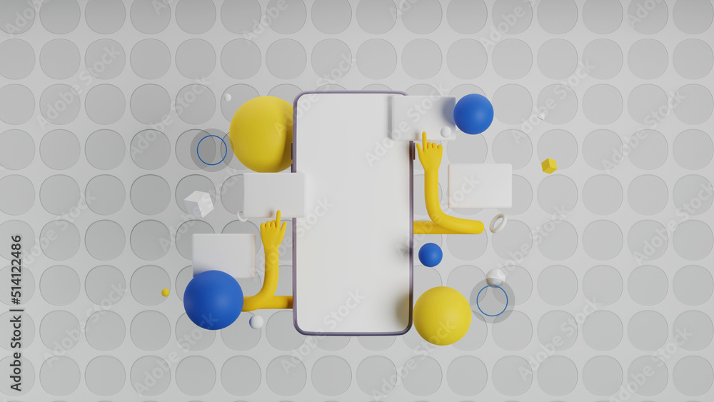 Poster 3d render of smartphone with geometric elements, thumbnails, hands against gray round pattern backgr