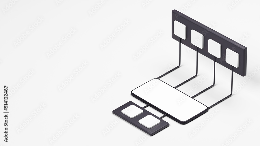 Poster 3d render of smartphone screen with showing various thumbnails on white background.