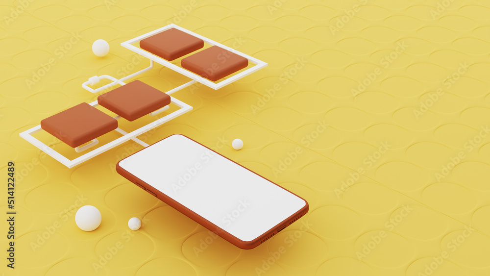 Poster 3d render of smartphone connected with user interface thumbnails on yellow background.