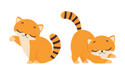 Funny Ginger Kitten with Striped Tail Stretching Its Body and Giving Paw Vector Illustration Set