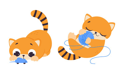 Funny Ginger Kitten with Striped Tail Playing with Clew and Toy Mouse Vector Illustration Set