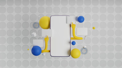3D Render Of Smartphone With Geometric Elements, Thumbnails, Hands Against Gray Round Pattern Background.