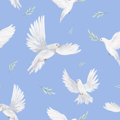 Watercolor white dove and olive branches seamless pattern. Hand drawn illustration for fabric, wrapping paper on blue background