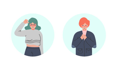 Male and Female Showing Thumb Down and Holding Hands on Chest as Positive Gesture in Circular Frame Vector Set