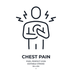 Chest pain and heart attack concept editable stroke outline icon isolated on white background flat vector illustration. Pixel perfect. 64 x 64.
