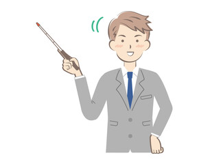指示棒を持っているスーツ姿の男性