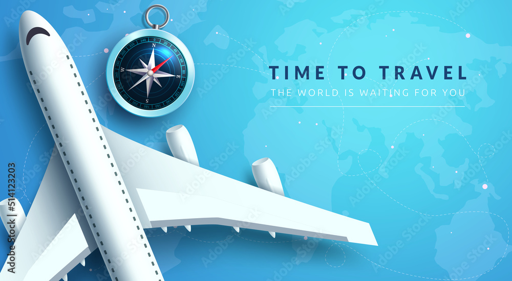 Wall mural travel time vector background design. time to travel text with 3d airplane and compass elements in c