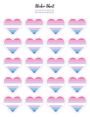 Set of pride flat design, bigender flags in the shape of a hearts. Hearts shaped sticker icon sign and LEBT symbols.