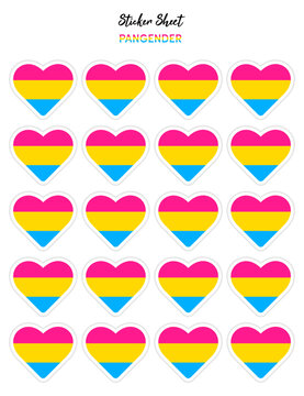 Set of pride flat design, pangender flags in the shape of a hearts. Hearts shaped sticker icon sign and LEBT symbols.