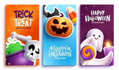 Halloween vector poster set design. Happy halloween text with characters of pumpkins, skull and ghost for spooky trick or treat collection. Vector illustration.
