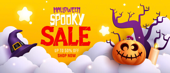 Halloween sale vector banner design. Halloween sale text with price discount offer for trick or treat holiday clearance promo ads. Vector illustration.
